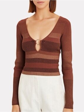 INTERMIX Ribbed V-Neck Sweater in Burnt Orange